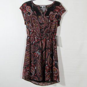 Daniel Rainn Women's Black Maroon Paisley Vika Crochet Detail Mini Dress NWT